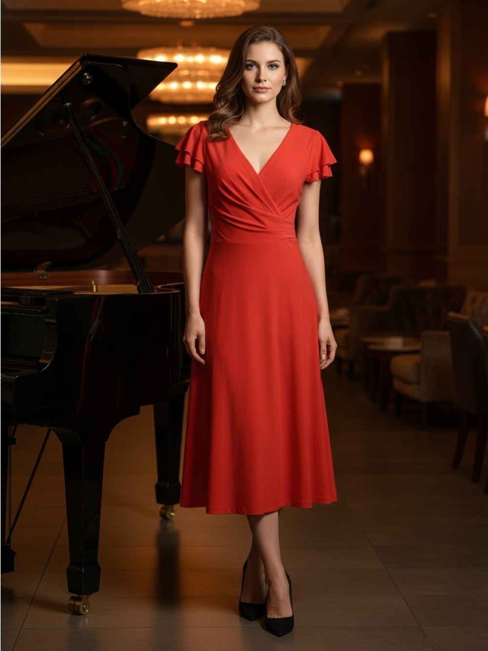 Lauren Ralph Lauren Black Label Women’s V Neck Midi Dress with Flutter Sleeves 0
